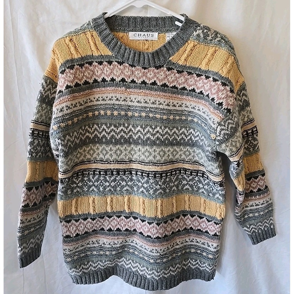 CHAUS‎ Sport Womens S 100% Lambswool Pink Gray Yellow Stripe Pullover Sweater